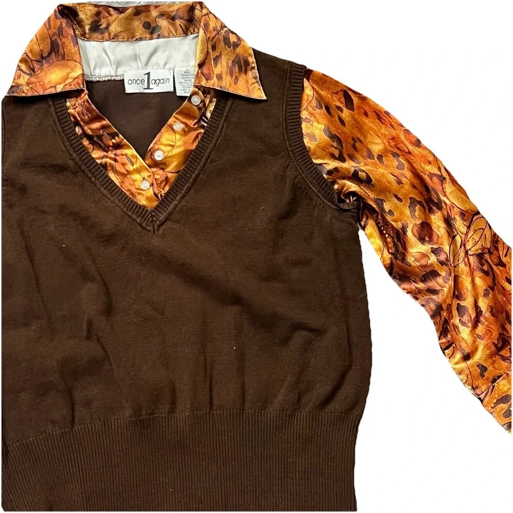 Vintage 90s Layered‎ Sweater Vest Blouse, Brown/Leopard, Women's Size Large
